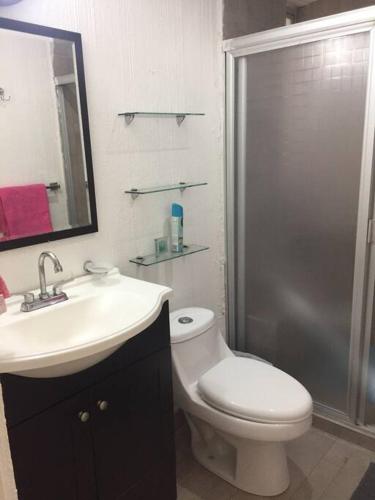 a bathroom with a toilet and a sink and a shower at Cómodo departamento en Costa Azul. in Acapulco