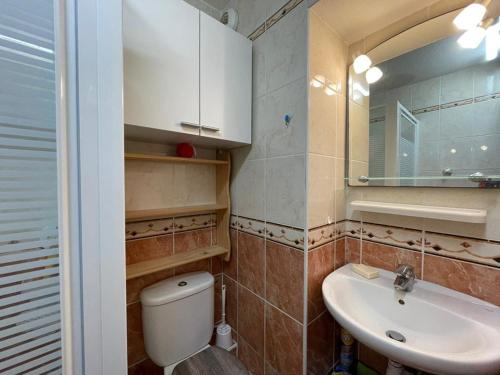 une salle de bain avec toilettes, lavabo et miroir dans l'établissement Appartement T2 avec terrasse, climatisation et parking à Capbreton - FR-1-413-236, à Capbreton