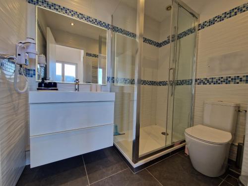 une salle de bain avec toilettes et douche en verre dans l'établissement Loft 4 pers centre Châtelaillon-Plage, à deux pas de la mer et du Casino, Wi-Fi inclus - FR-1-706-26, à Châtelaillon-Plage