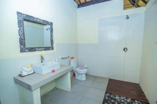 a bathroom with a sink and a toilet and a mirror at D'Muncuk Huts Lembongan in Nusa Lembongan