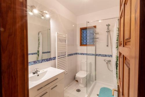La salle de bains est pourvue d'un lavabo, de toilettes et d'une douche. dans l'établissement Cliff View Terrace by Dream Homes Tenerife, à Puerto de Santiago