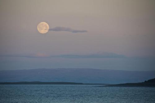a full moon rising over a body of water at Seljenes Cottage in Russenes
