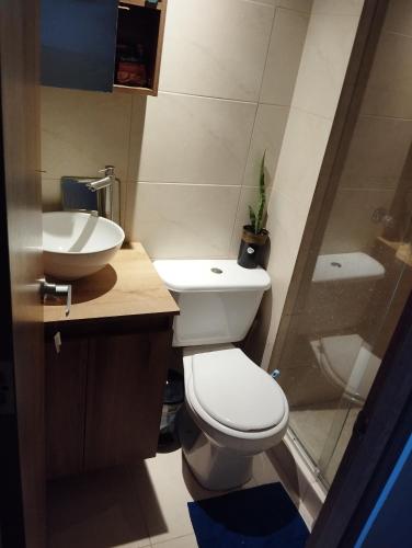 W łazience znajduje się toaleta, umywalka i prysznic. w obiekcie Mirador de Fontibon w mieście Bogota
