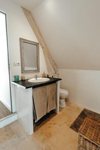 une salle de bain avec un lavabo et un miroir et des toilettes dans l'établissement Un chambre à la campagne, à Saint-Cyprien
