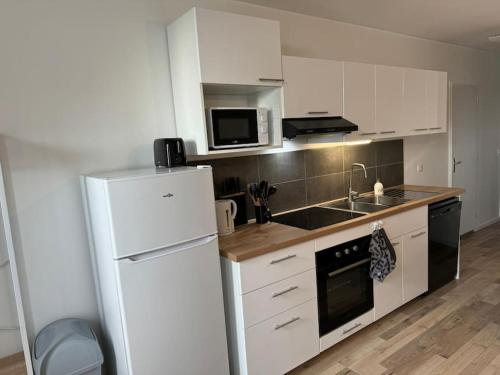 uma cozinha com armários brancos e um frigorífico branco em Appartement Cosy em Louhans