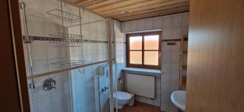 a bathroom with a toilet and a sink and a window at Landhaus Wanger in Pfronten