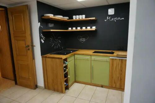 a kitchen with green cabinets and a black wall at Immaculate 2-Bed Apartment in Zywiec in Żywiec
