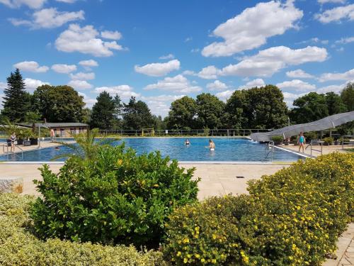 una piscina en un parque con gente en el agua en Ferienwohnung Geilert, en Leisnig
