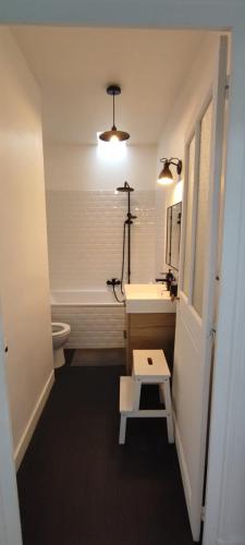une salle de bain avec un lavabo, des toilettes et un miroir dans l'établissement Maison nantaise avec piscine proche du centre ville, à Nantes