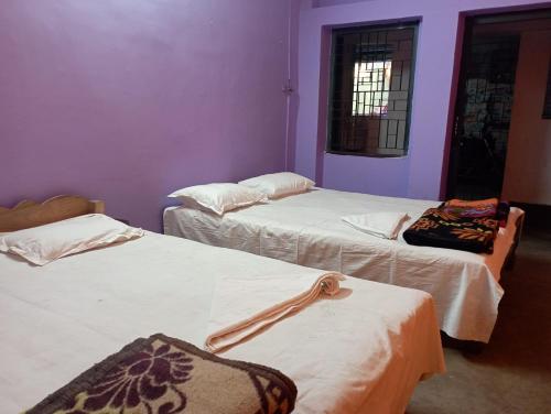 - 3 lits dans une chambre aux murs violets dans l'établissement Nona Mati Lodge, à Gosāba