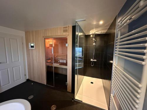 a bathroom with a glass shower and a toilet at Ferienhof A&B Wellness Villa 12 personen in Bullange