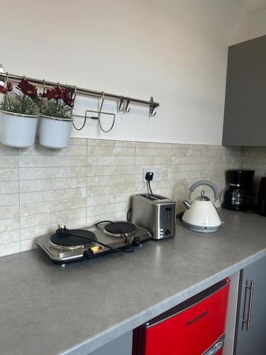 a kitchen counter with a stove and a microwave at Delightful studio room in house in Raynes Park