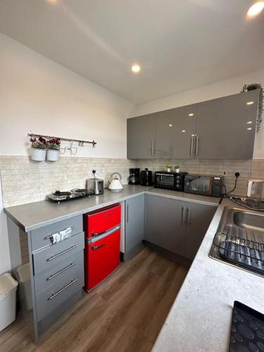 a large kitchen with a red drawer in it at Delightful studio room in house in Raynes Park