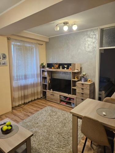 een woonkamer met een grote televisie en een tafel bij Relax 2 in Obrenovac