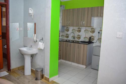 a bathroom with a white sink and a green wall at Limpopo Suites in Nairobi