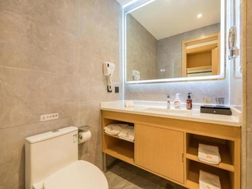 ein Badezimmer mit einem WC, einem Waschbecken und einem Spiegel in der Unterkunft GreenTree Eastern Hotel Tianjin Dongli Development Zone Xinli Metro Station in Luotuofangzi