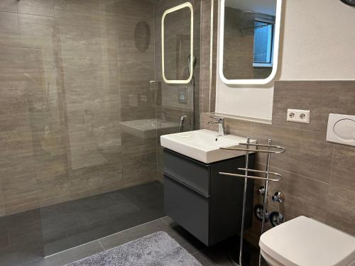 a bathroom with a sink and a shower and a toilet at TOP Ferienwohnung in Bad Urach