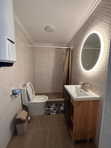 uma casa de banho com um WC, um lavatório e um espelho. em Holy Moly Hostel em Bishkek