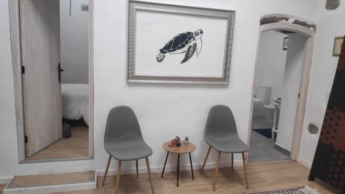 een woonkamer met 2 stoelen en een foto van een schildpad bij Casa Ines in Guatiza