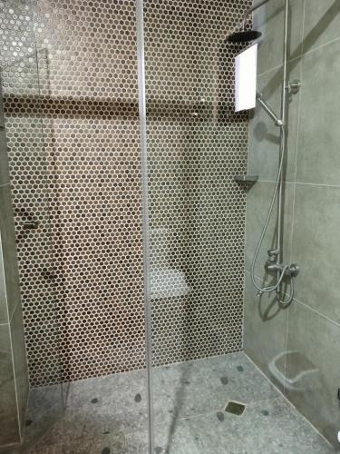 a bathroom with a shower with a glass door at Norlu Cedec Midpoint Hotel in Rosario