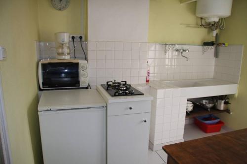 une petite cuisine avec une cuisinière et un micro-ondes dans l'établissement Appartement confortable à Marseille 21 m² avec terrasse calme, à Marseille