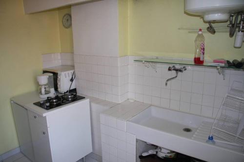 une petite cuisine avec un évier et une cuisinière dans l'établissement Appartement confortable à Marseille 21 m² avec terrasse calme, à Marseille