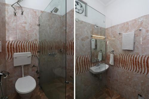 two pictures of a bathroom with a toilet and a sink at Flagship RK Residency in Sohāna