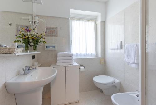 a white bathroom with a sink and a toilet at Hotel Plank in San Martino di Castrozza