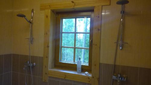 a bathroom with a window and a shower and a shower at Peko Holiday Home in Õrsava