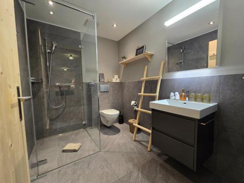 bagno con doccia, lavandino e servizi igienici di Mountain Lodge *Nature *Queen Beds *Free parking a Oberwil