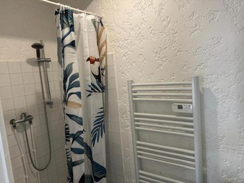 une douche avec un rideau de douche dans une salle de bain dans l'établissement Timounyan T1 N23 centre ville Animaux acceptés, à Arcachon