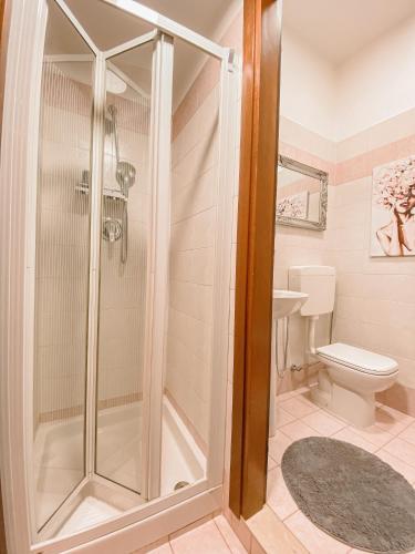 La salle de bains est pourvue d'une douche et de toilettes. dans l'établissement Arena Sweet Home in Verona, à Vérone