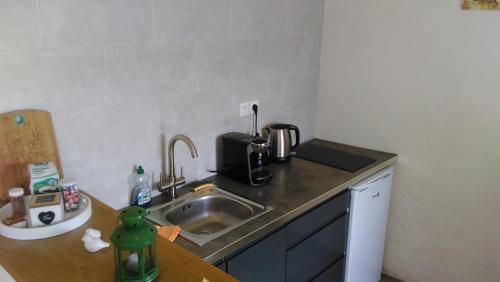 a kitchen with a sink and a counter top at Les hébergements insolites de Quénécan in Perret