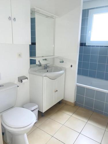 une salle de bain avec toilettes, lavabo et baignoire dans l'établissement Hélice - Maison sous les pins, à Longeville-sur-Mer