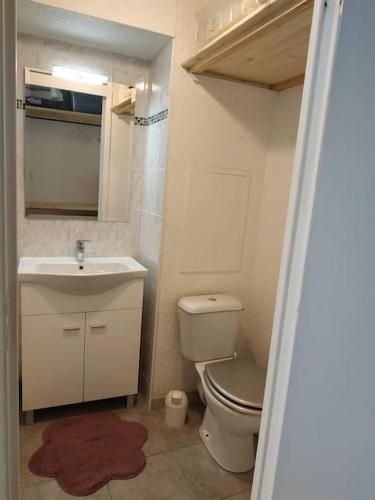 une petite salle de bain avec toilettes et lavabo dans l'établissement Studio L'air marin, à Gruissan