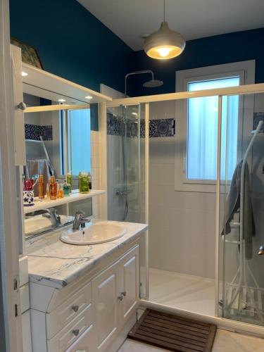 une salle de bain avec un lavabo et une douche dans l'établissement Grande Maison à 150 mètres de La Plage, à La Tranche-sur-Mer