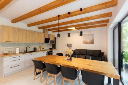 a kitchen and dining room with a wooden table and chairs at Apartmán Smraďavka in Buchlovice