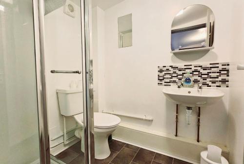 a bathroom with a toilet and a sink and a shower at Wooler Youth Hostel and Shepherds Huts in Wooler