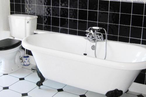 a bath tub in a bathroom with a toilet at Uplands Newport, Pembrokeshire in Newport Pembrokeshire