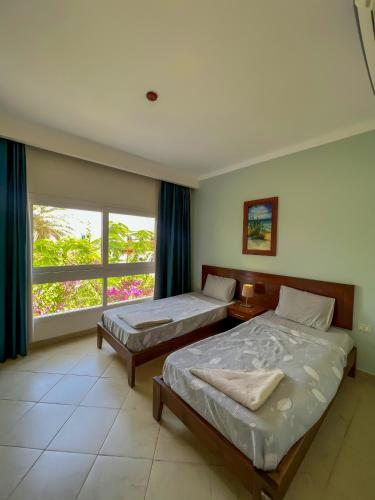 a bedroom with two beds and a window at Club Red Dahab Motel in Dahab