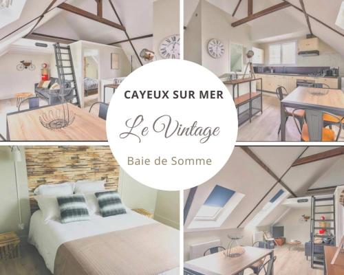 a collage of pictures of a bedroom and a kitchen at LE VINTAGE 50 m de la plage mer en baie de Somme in Cayeux-sur-Mer