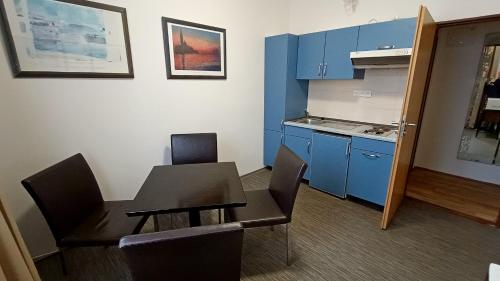 a small room with a table and chairs and a kitchen at Apartments Gato Karlovy Vary Dalovice in Karlovy Vary