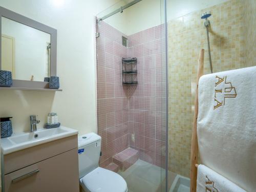 a bathroom with a toilet and a glass shower at Aliya Luxury Apartment - LA DUNE - AGADIR in Agadir