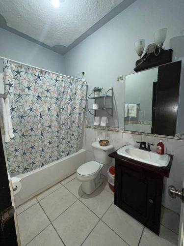 ein Badezimmer mit einem WC-Waschbecken und einem Duschvorhang in der Unterkunft Hospedaje en Juticalpa in Juticalpa