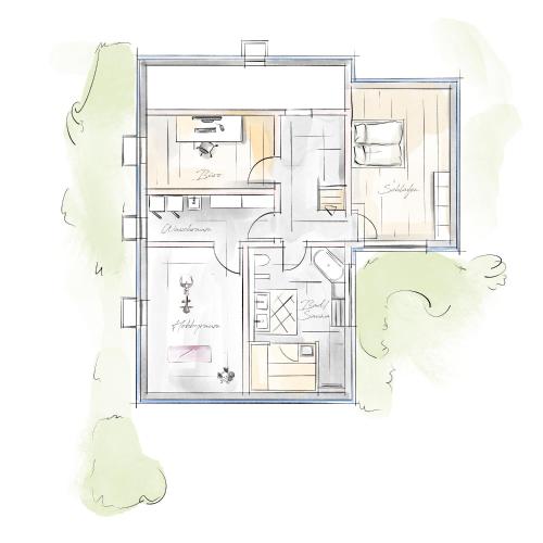 a drawing of a floor plan of a house at Garten Chalet in Bayrischzell