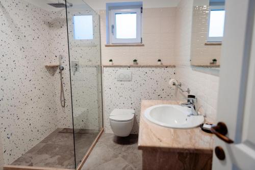 a bathroom with a toilet and a sink and a shower at Park View Apartment 1 in Sighetu Marmaţiei