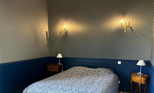 een slaapkamer met een bed en 2 nachtkastjes met lampen bij Gîte Exotique château de la Pervenchère in Casson