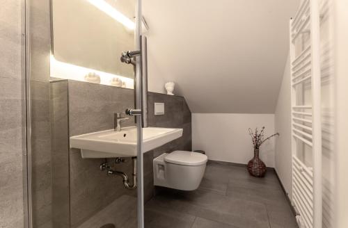 a small bathroom with a sink and a toilet at Haus 5 Elemente- Fewo Wasser mit Terrasse und Bio-Kamin in Ostseebad Koserow