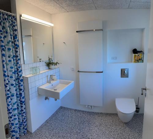 ein Badezimmer mit einem Waschbecken, einem WC und einem Spiegel in der Unterkunft Lucky 3 Apartments in Løkken