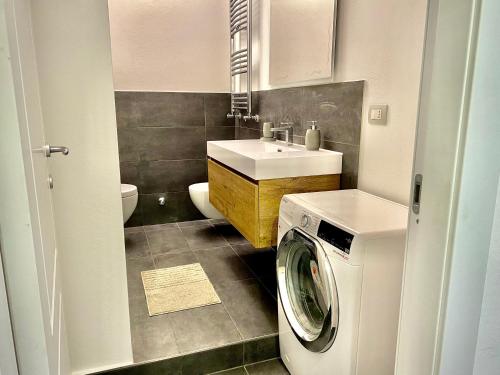 a bathroom with a washing machine and a sink at Alla moda Milano P. Romana in Milan